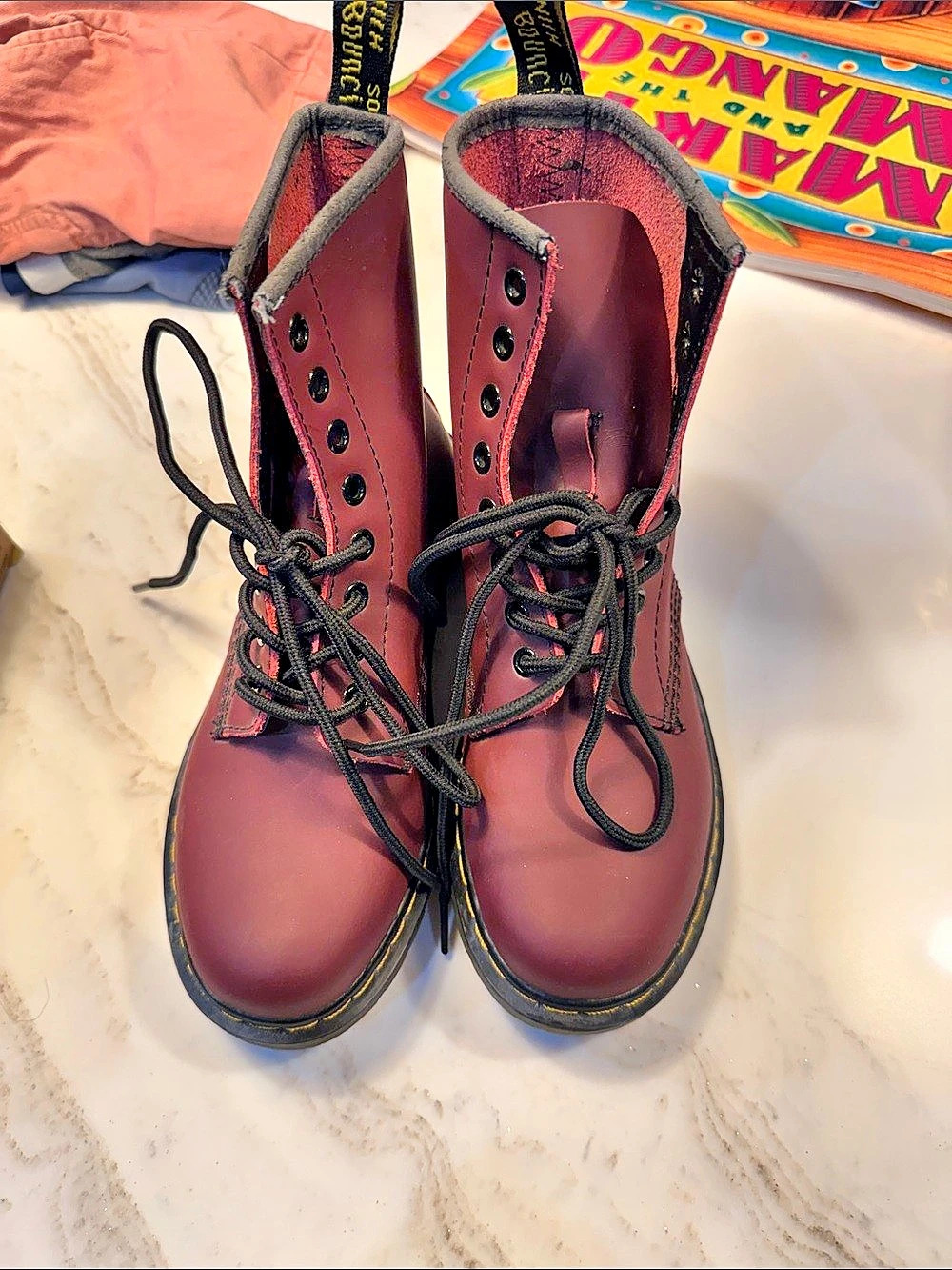 NWOT Smooth Leather Lace-Up Boots Cherry Red & Black Boots